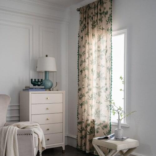1.5M Wide Cotton Linen Curtains Printing Green Pine Fruit Homestay Curtains Semi-Shading Bay Window Curtain