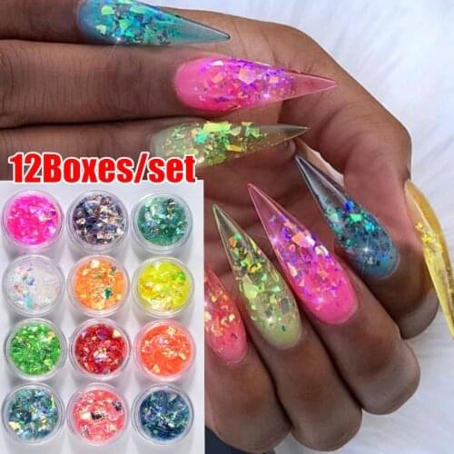 12 Boxes/set Nail Dust Powder Laser Colorful Broken Paillette Nail Glitter Irregular Nail Design Sequins For Nail Art Decoration