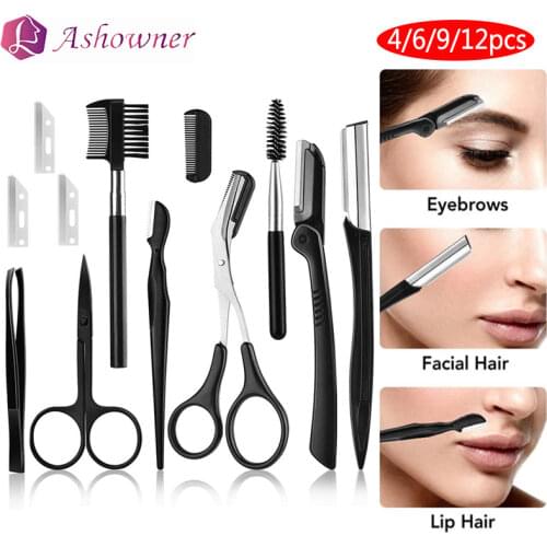 12PCS Eyebrow Trimmer Set Scissors Tweezers Eyebrow Razor Scraping Eyebrow Comb Razor Eyebrow Clip Makeup Tools Sets