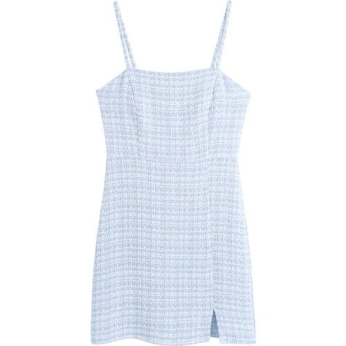 2021 Summer Tweed Mini Dress Women Vintage Spaghetti Strap Split Dress Sleeveless Backless Party Dresses Vestidos