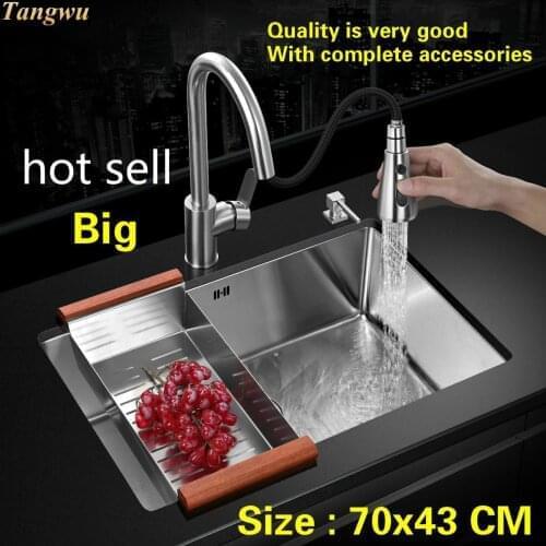 Free shipping Luxury kitchen manual sink single trough wash the dishes durable 304 stainless steel hot sell 70x43 CM