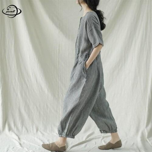 Free Size Womens Jumpsuits Summer Female Romper Overalls Playsuits Short Sleeve O-Neck Plaid Loose Ladies Bodysuits Clothes H127