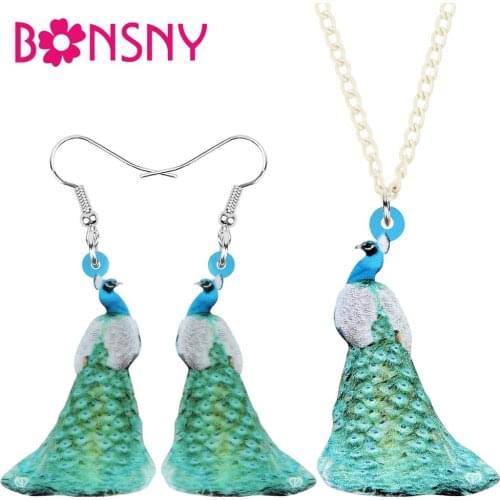 Bonsny Acrylic Sweet Peacock Peafowl Jewelry Sets Cute Animal Bird Earrings Necklace For Women Teens Girls Gifts Charm Accessory