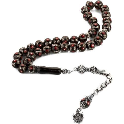 Coralline Inlaid Jet Stone Rosary (Tasbih) with Ottoman Crest Tassel