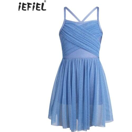 2019 Kids Girls Glittery Mesh Ballet Leotard Dress Spaghetti Shoulder Straps Ballet Latin Dance Dress Gymnastics Leotard SZ 4-12