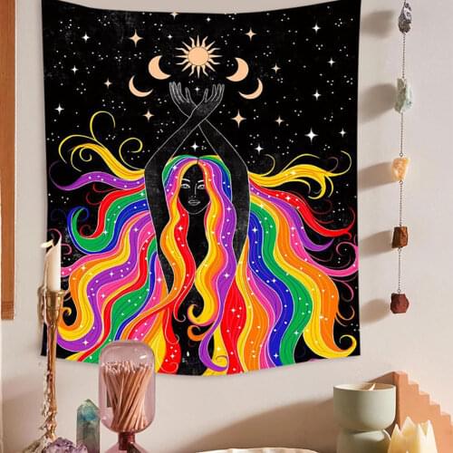Moon Phase Tapestry Ouija Wall Hanging Boho Ceremony Decor Black Hippie Witchcraft Rainbow Indian Tapestry Wall Decoration Cloth