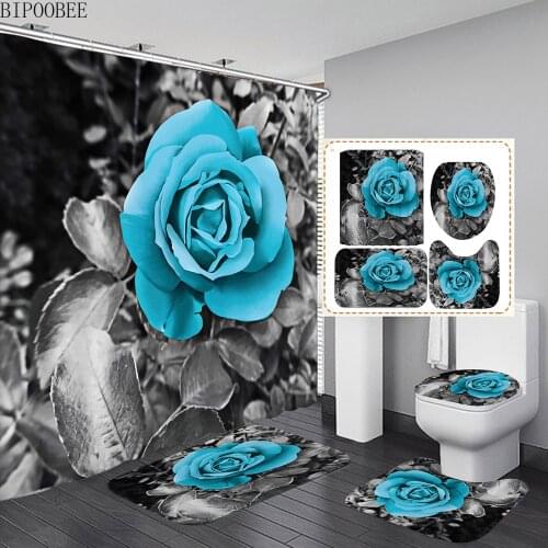 Blue Rose Shower Curtain for Bathroom Decoration Gray Leaves Flannel Toilet Lid Cover Non Slip Carpet Bath Mat Rugs Home Decor