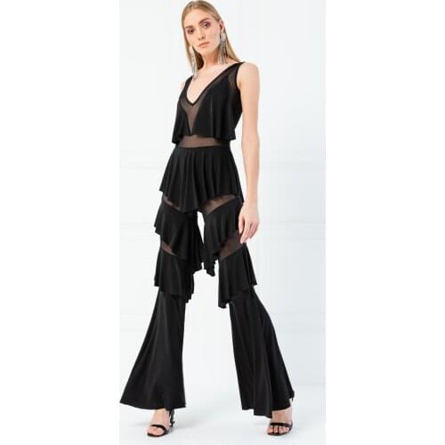 V Neck Black Ruffle Jumpsuit 2021 New Season Creation Spring Summer Fashion Trend Female Jumpsuits Different Model
