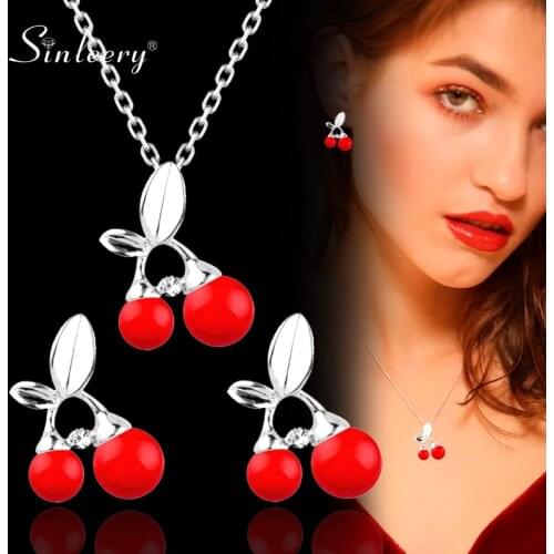 SINLEERY Cute Red Cherry Bridal Jewelry Sets Silver Color Women Wedding Engagement Jewelry Gifts TZ067 SSB