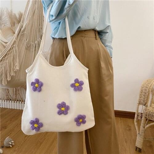 Korean Shoulder Bag With Purple Flower Cottn Cloth Women Canvas Tote Bag Reusable Foldable Shopping Bag Students Books Handbag