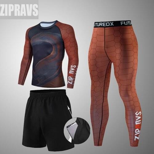 NEW Brown Dragon Men Compression set MMA Long Sleeve T-shirt Mens Tight Pants Fitness Bodybuilding Clothes Top Sport Suit Men