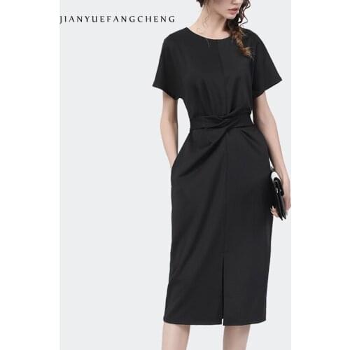 2021 Summer New Black Dress Women Short Sleeve Sash Tie-Up Slim Long Pencil Dresses Elegant O-Neck Office Ladies One Step Dress