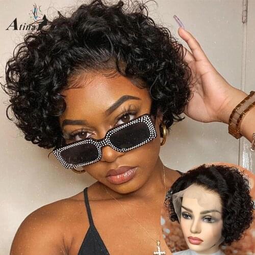 Atina Pixie Cut Short Curly 13X4 Lace Front Human Hair Wigs Bob Brazilian PrePlucked Remy Hair Closure Wigs 150 180 250 Density