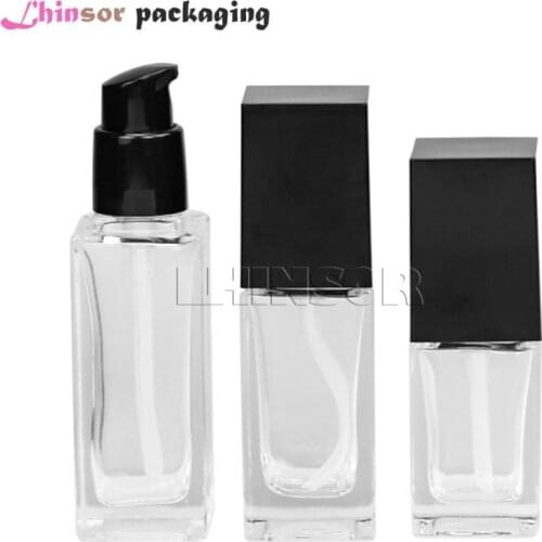 5pcs/lot Black Lid Transparent Glass Square Lotion Bottle Liquid Foundation Bottles Elite Fluid Container Cosmetic Containers