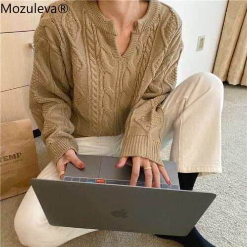 Mozuleva 2020 Casual Twist Striped V-neck Women Knitted Pullovers Autumn Winter Long Sleeve Loose Sweaters Jumpers Femme