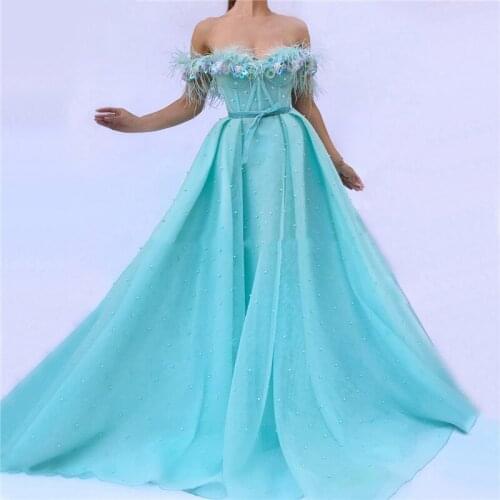 Light Blue Evening Dresses with Ostrich feather Off Shoulder 3d Flowers Pearls Prom Gowns Dubai Party Graduation Dresses