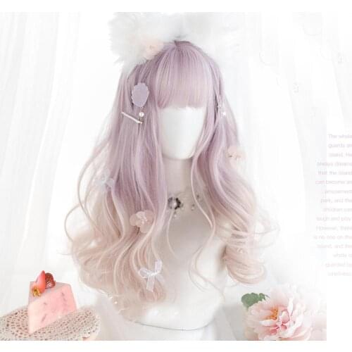 CosplayMix 55CM Lolita Heat Resistant Japan Cute Hair Pink Purple Ombre Anime Party Synthetic Bangs Cosplay Wig+Cap