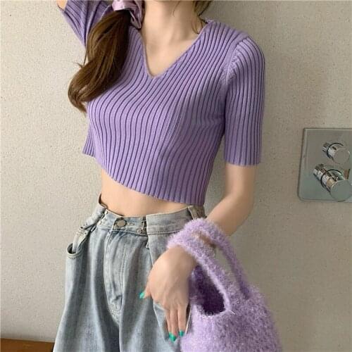 Short-sleeved T-shirt Womens Summer V-neck Knitted Thin Short Cropped High Waist Ice Silk Crop Top