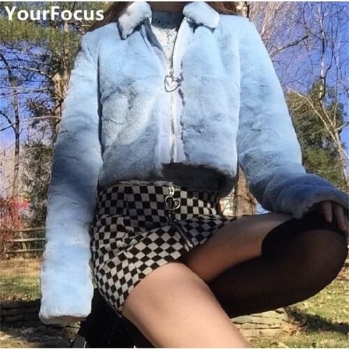 Classic kawaii sweet cute furry plush short cropped jackets zipper heart love ring baby blue faux fur coat women
