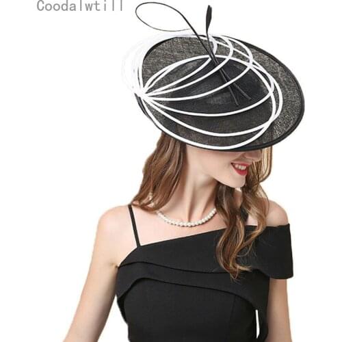 Black Wedding Fascinators For Women Kentucky Derby Church Hats Summer Female Linen Pillbox Hat Large Brim Chapeu Fedoras KNHFH07