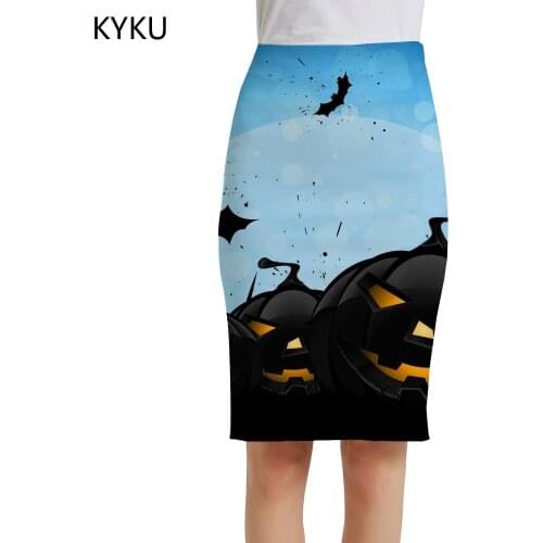 KYKU Halloween Skirts Women Pumpkin Pencil Bat Print Skirt Moon Elegant Ladies Skirts Womens Floral Casual Korean New
