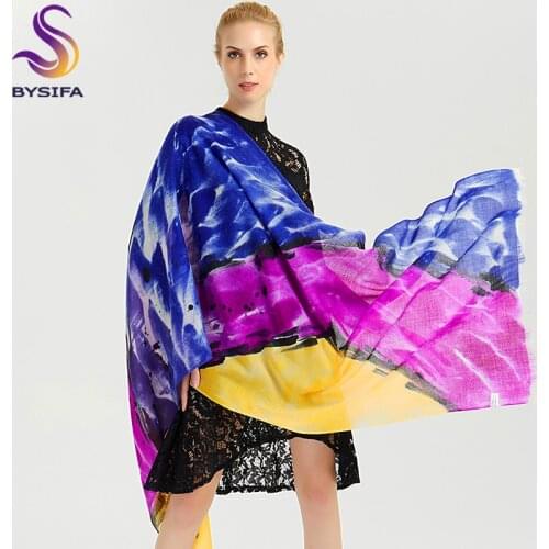 [BYSIFA] Women Blue Pink 100% Wool Scarves Pashmina New China Hand Painted Long Shawl Scarf Autumn Winter Wool Cashmere Scarves