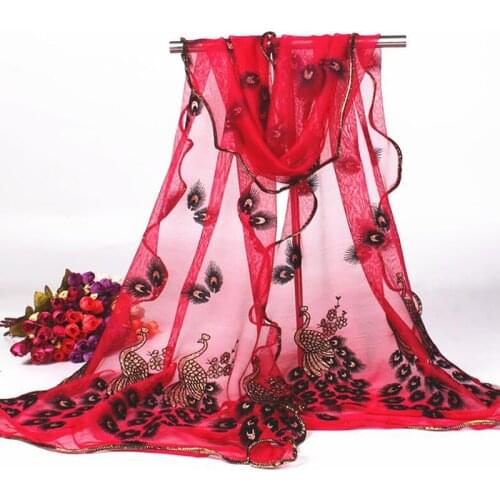 Women Peacock Flower Embroidery Lace Crinkle Hijab Shawl Scarves Sunscreen Silk Plain Foulard Wrap Head Neck Beach Scarves