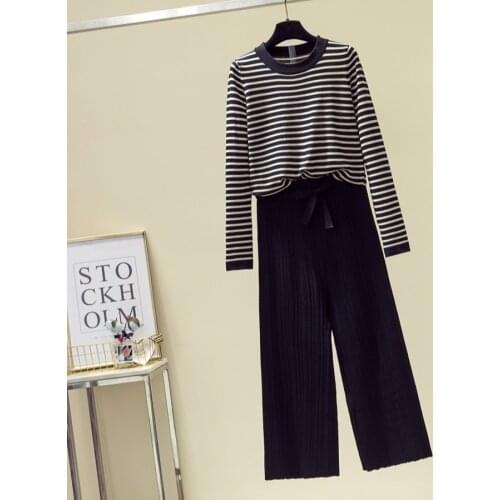 BoozRey 2021 Y2k Korean Style Long-sleeved Striped Top Suit Women Summer Fashion Knitted Wide-leg Pants Casual Two-piece Trend