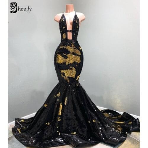 Long Prom Dresses 2020 Sexy Mermaid Style Halter Gold And Black Sequin African Black Girl Women Prom Dress