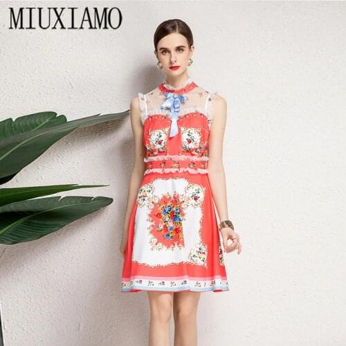 MIUXIMAO 2021 Summer Runway New WomenS Print Vintage Casual Ruffles Elegant Sleeveless Fashion Mini Dress Vestidos With Bow