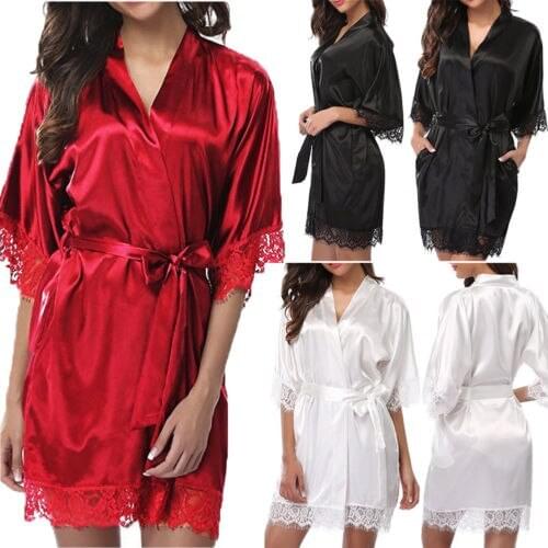 Women Sexy Silk Kimono Dressing Romper Bodysuit Babydoll Lingerie Belt Bathrobe Nightwear Half Sleeve Soft Slim Homewear Female