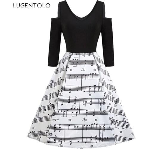 Women Princess Dress Party Long Sleeve V-neck Slim Dresses Female Elegant Musical Note Print Big Swing Spring Dress