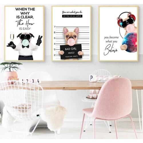 Animals Pug Life Canvas Bad Girl Quote Prints Painting Cute Pink Blue Bubble Gum Puppy Dog Wall Pictures Posters Home Decor