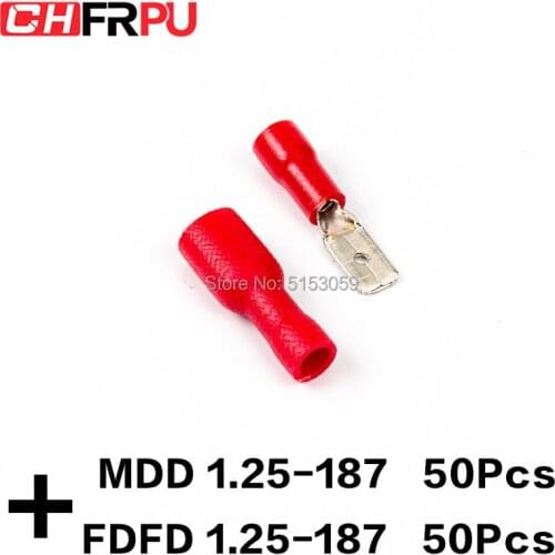 100PCS 4.8mm 22-16AWG FDFD/FDD/MDD1.25-187 Female male Insulated Electrical Crimp Terminal for 0.5-1.5mm2 Cable Wire Connector