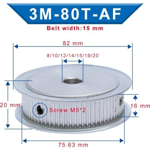 3M-80T Pulley AF Shape Bore 8/10/12/14/15/19/20 mm Aluminum Material pulley wheel Slot Width 16mm For 3M Timing Belt Width 15mm