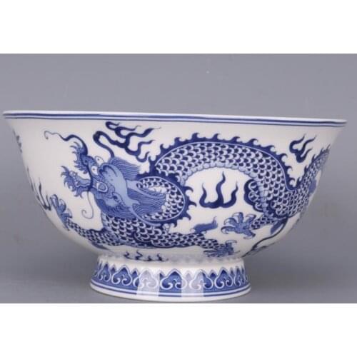 6 inch Qing Dynasty Qianlong Blue And White Double Dragon Pattern Bowl Antique Craft Porcelain Home Chinese Tableware Ornaments