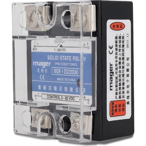 60A SSR-60DD DC control DC MGR-1 DD220D60 Single phase Solid state relay With Protective covers input 3-32V DC output 5-220V DC
