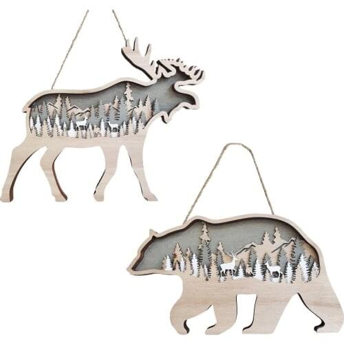 Wooden Brown Deer Pendant Wooden Carved Landscape Decorations For Christmas Creative Home Holiday Decorations