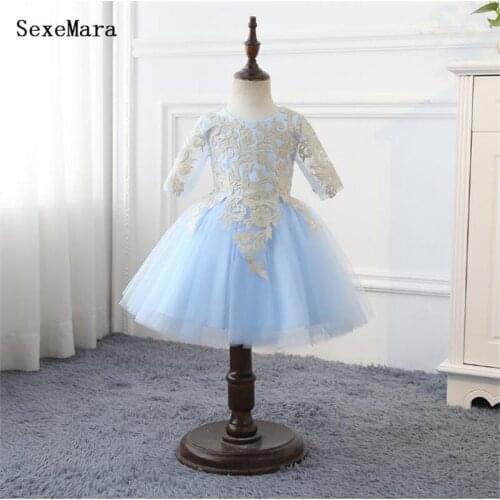 Elegant Sky Blue Flower Girl Dresses Knee Length Kids Princess Children First Birthday Dress Pageant Gowns