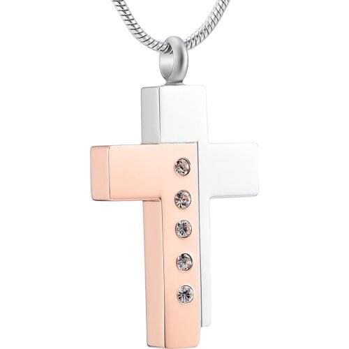 IJD9898 Two-Color Stone Splice Crystal Cross Stainless Steel Cremation Pendant Memorial Necklace Ashes Urn Keepsake Jewelry