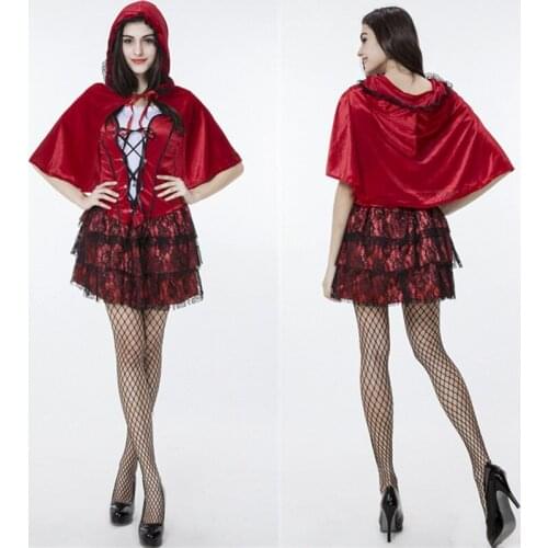 Amazing New Carnival Party Little Red Riding Hood Costume Fancy Lace Mini Dress Fairy Tale Costume with Red Riding Hood Cape