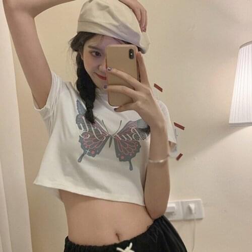Summer Short Style Short-Sleeved T-Shirt Korean Style Fashion Round Neck All-Match Ladies Casual Butterfly Print Design Top