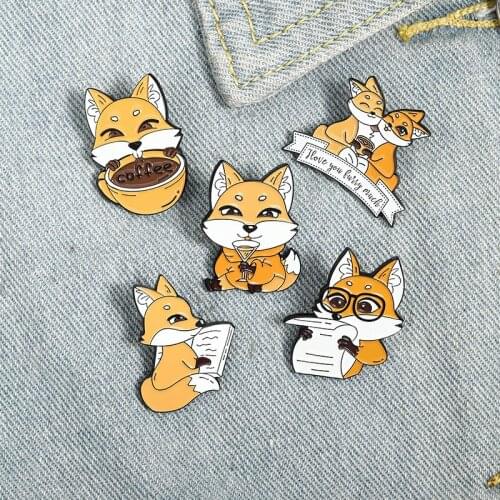 Cartoon Creative Fox Reading Newspaper Brooch Cute Little Fox Drinking Coffee Reading Book Badge Hundred Matching Accessories