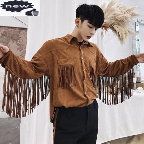 Harajuka Personality Tassel Mens Suede Fashion Single Breasted Long Sleeve Lapel Pockets Male Shirts Coats Camisas Hombre