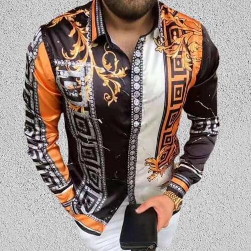 Men Shirts Long Sleeve Turn-down Collar Stylish Trendy Buttons Slim Shirt Smooth Shirt Retro Print Casual Top Autumn