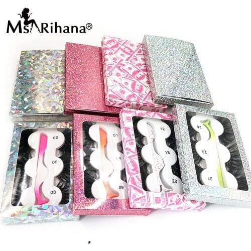 3 Pairs Mink Lashes Set With Tweezers Fluffy 5D False Eyelashes Package Box Makeup 25MM Eyelash Extension Supplies Custom Logo