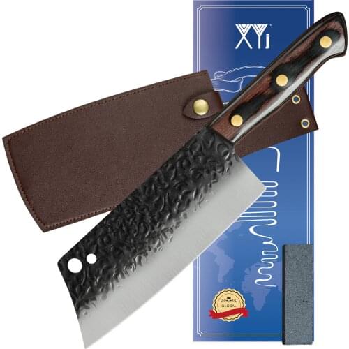 XYJ Full Tang 7.5 Inch Silcing Nakiri Knife With Sheath&Whetstone Hammer Sharp Blade Vegetable Meat Cleaver For Kitchen Camping