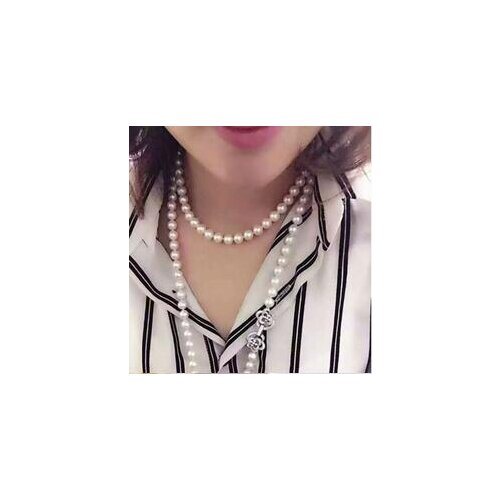 Free shipping Jewelry 8-9mm natural south sea white pearl necklace micro inlay zircon 80cm