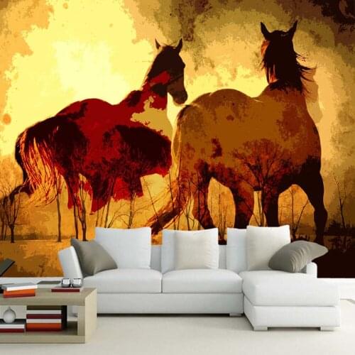 Papel de parede Two running horses oil painting 3d wallpaper mural,living room sofa TV wall bedroom wall paper home decor