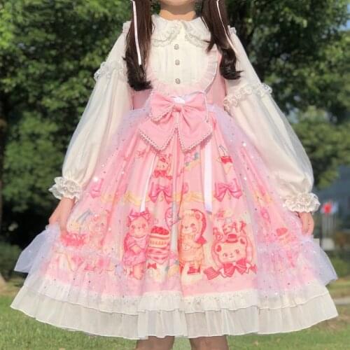 Princess Lolita Dress Bear Strawberry Cake Print Jsk Suspender Dress Vintage Victorian Gothic Baby Doll For Woman Kawaii Dresses